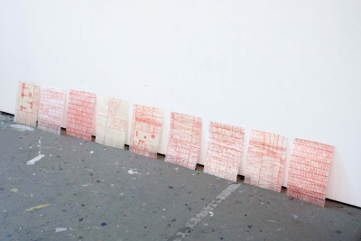  - group of nine drawings (leaned on wall), wall-floor connection, studio view 04/23