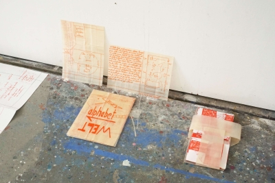 06/23 studio view, letters, maps, writing exercises and thoughts/drawings on wall and floor